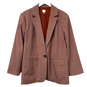 A NEW DAY Boyfriend Blazer Size Large Tan Rust Check Womens Jacket NWOT
